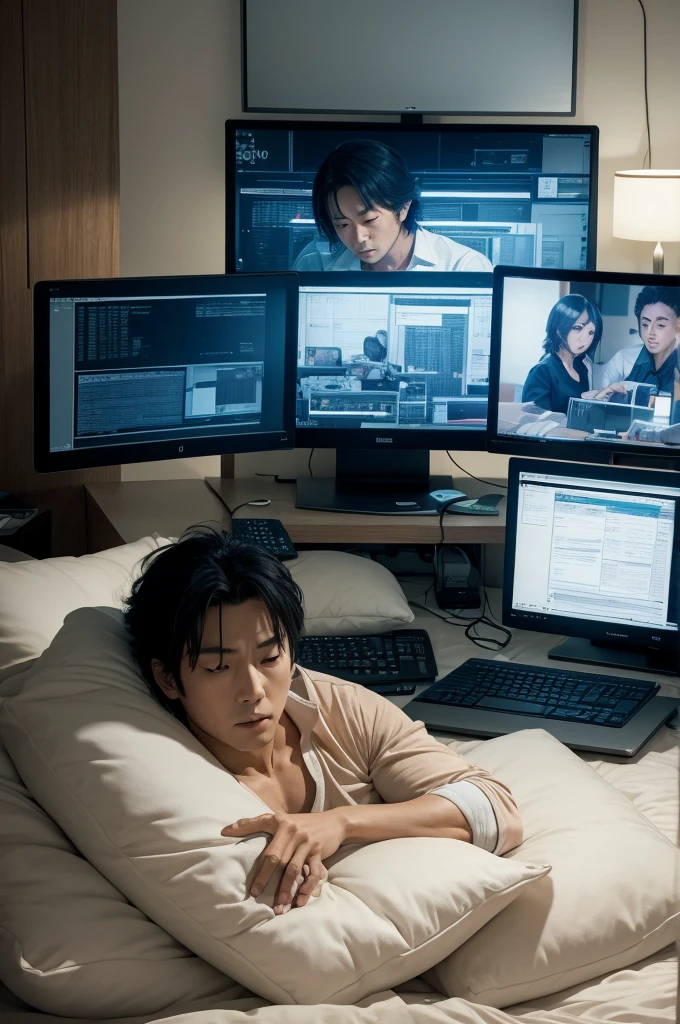Satoru Gojo lying in bed surrounded by computer screens full of graphics