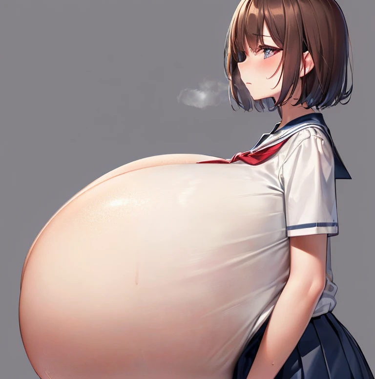 (8k, masterpiece, expensive, Ultra-fine illustrations, Blank Background:1.5), Perfect Anatomy, Single Shot, (From the side, whole body:2), (alone, Brown Hair, Short Hair), (Completely naked), Squint your eyes, Crossdresser, (school uniform, Top-heavy, Huge breasts:1.5), attractive, Sweat seeps, (steam)