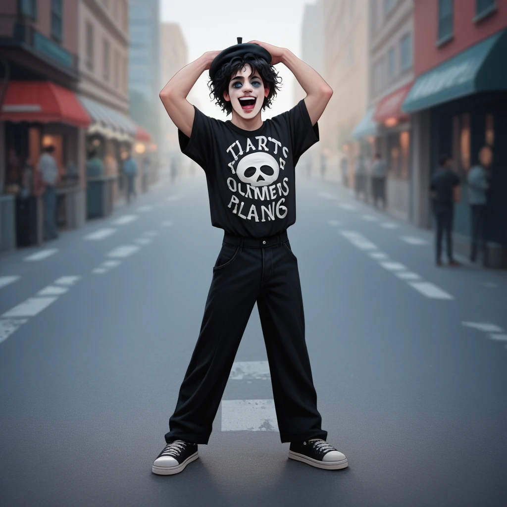 adult tall male mime, shirt grunge, sketchy lines, messy hair, black hair, wearing a beret,,happy, has mime makeup on, wearing a mime outfit, dark blue eyes, performing on the streets of paris, showing full body, on a city street, solo, alone, (SOLO)(ALONE) Dancing, arms out, hands open