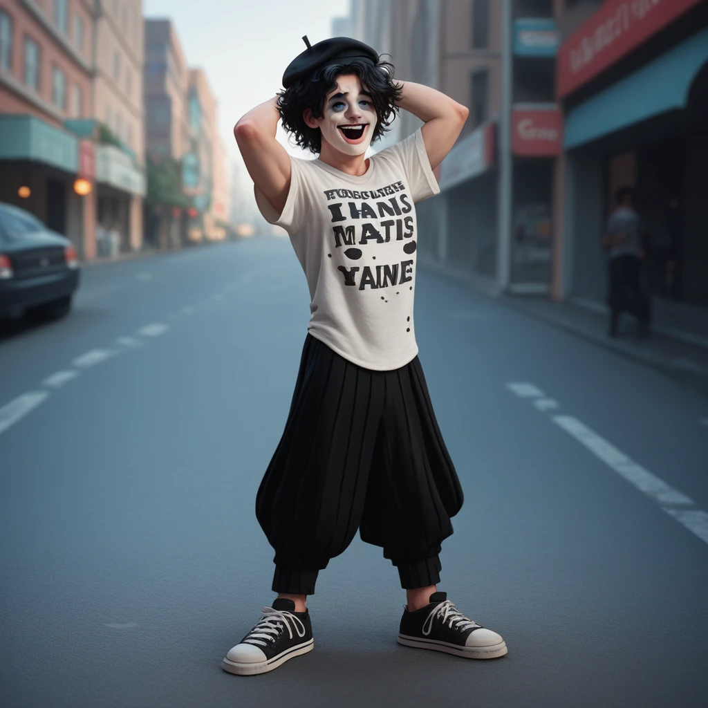 adult tall male mime, shirt grunge, sketchy lines, messy hair, black hair, wearing a beret,,happy, has mime makeup on, wearing a mime outfit, dark blue eyes, performing on the streets of paris, showing full body, on a city street, solo, alone, (SOLO)(ALONE) Dancing, arms out, hands open
