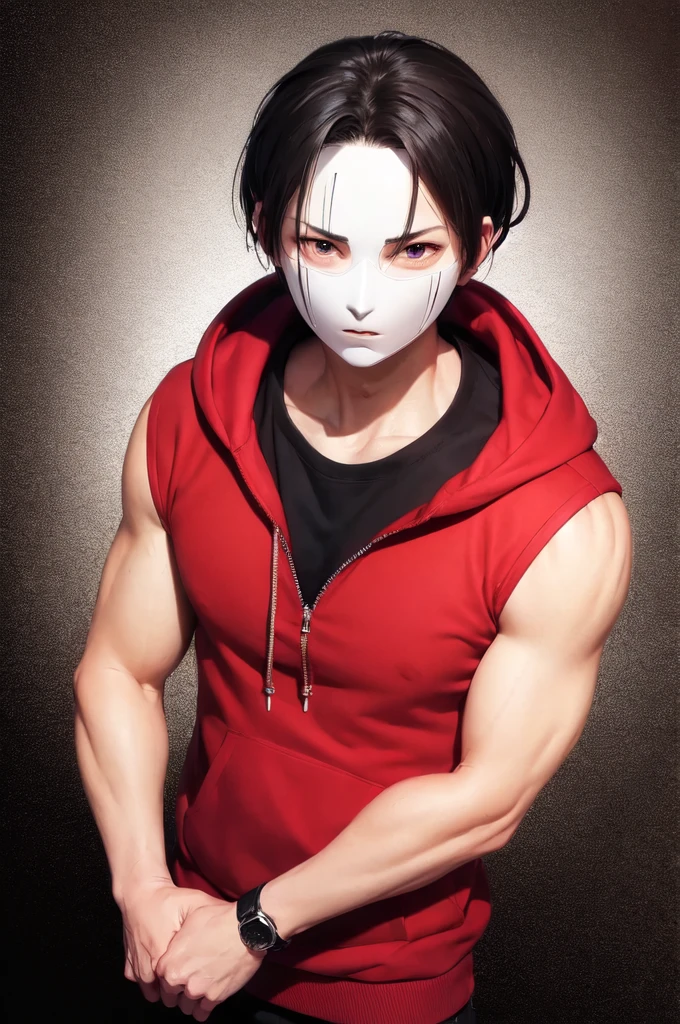 A man, wearing mask, red hoodie, Levi Ackerman hairstyle, black hair, high quality masterpiece, black background, big body