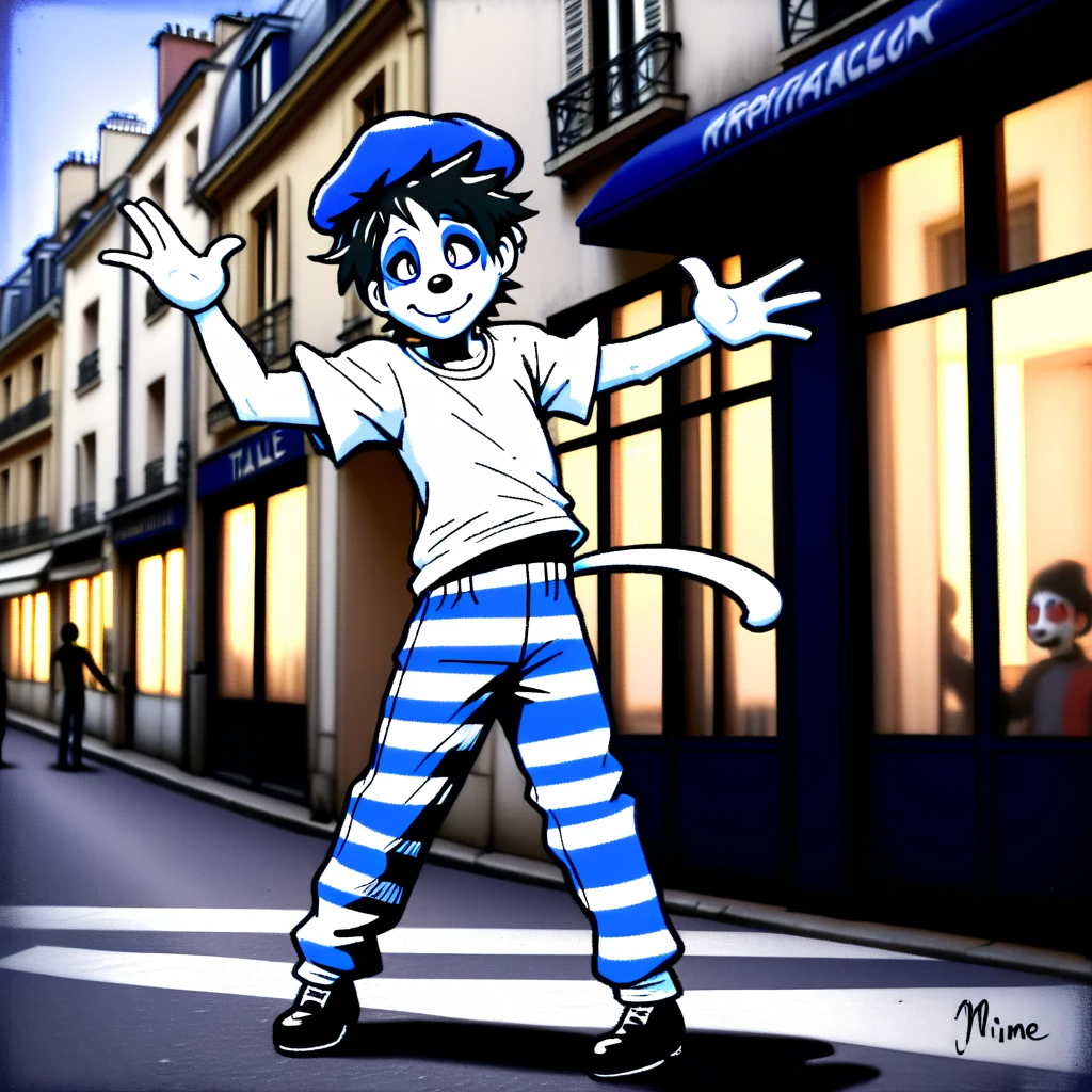 adult tall male mime, shirt grunge, sketchy lines, messy hair, black hair, wearing a beret,,happy, has mime makeup on, wearing a mime outfit, dark blue eyes, performing on the streets of paris, showing full body, on a city street, solo, alone, (SOLO)(ALONE) Dancing, arms out, hands open