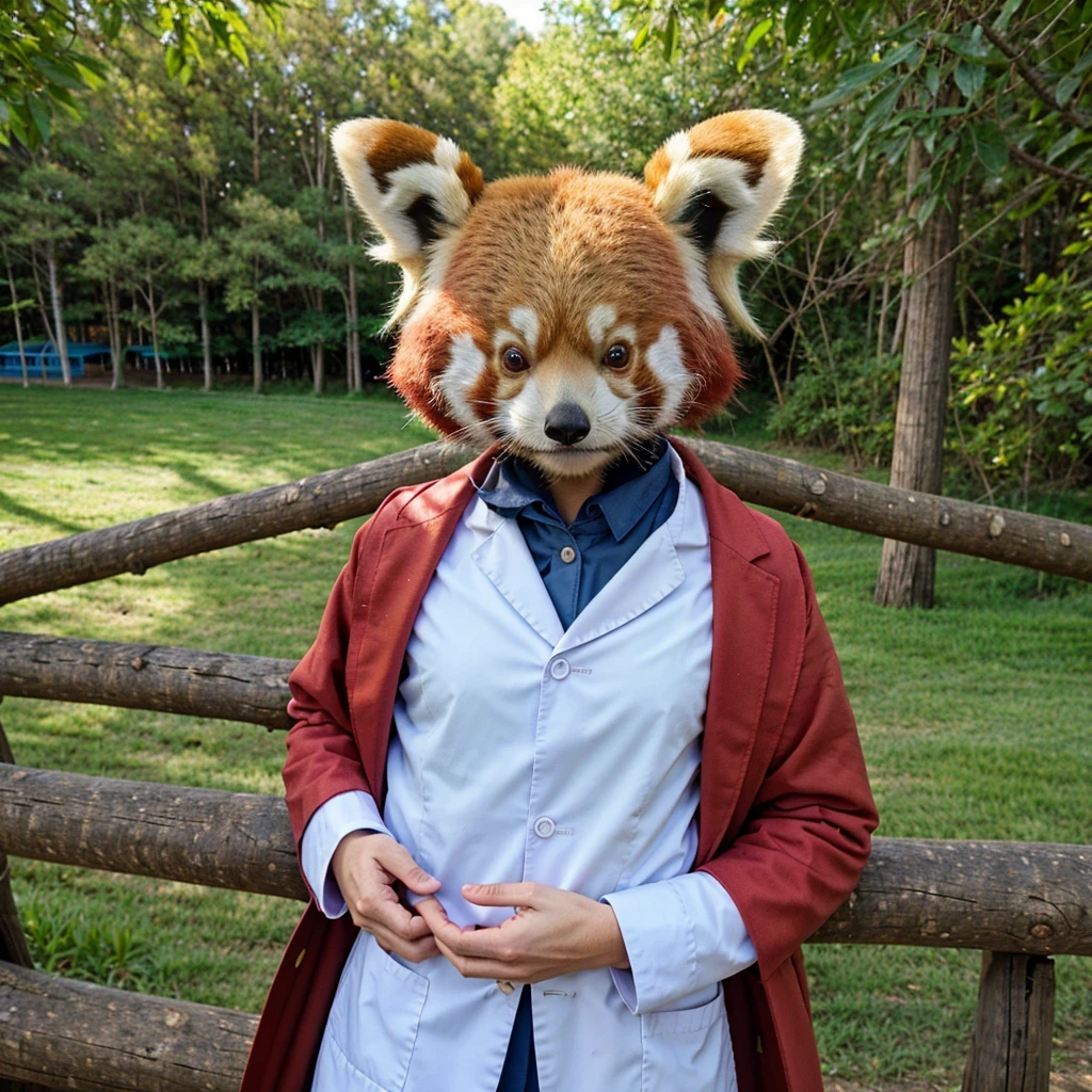 (Masterpiece, Best Quality, Very Detailed CG, Intricate Details: 1.2), 8k Wallpaper, Masterpiece, Best Quality, Award-Limited, High Quality, Super Detail, High Detail, Textured Skin, Cute, UHD, Anatomically Correct, Pixar Style, (A Cute Red Panda Wearing Doctor's Coat: 1.2), Doctor, Happy Sweet Smile. Fairy tale, bright colors, natural light, facial focus, simple background