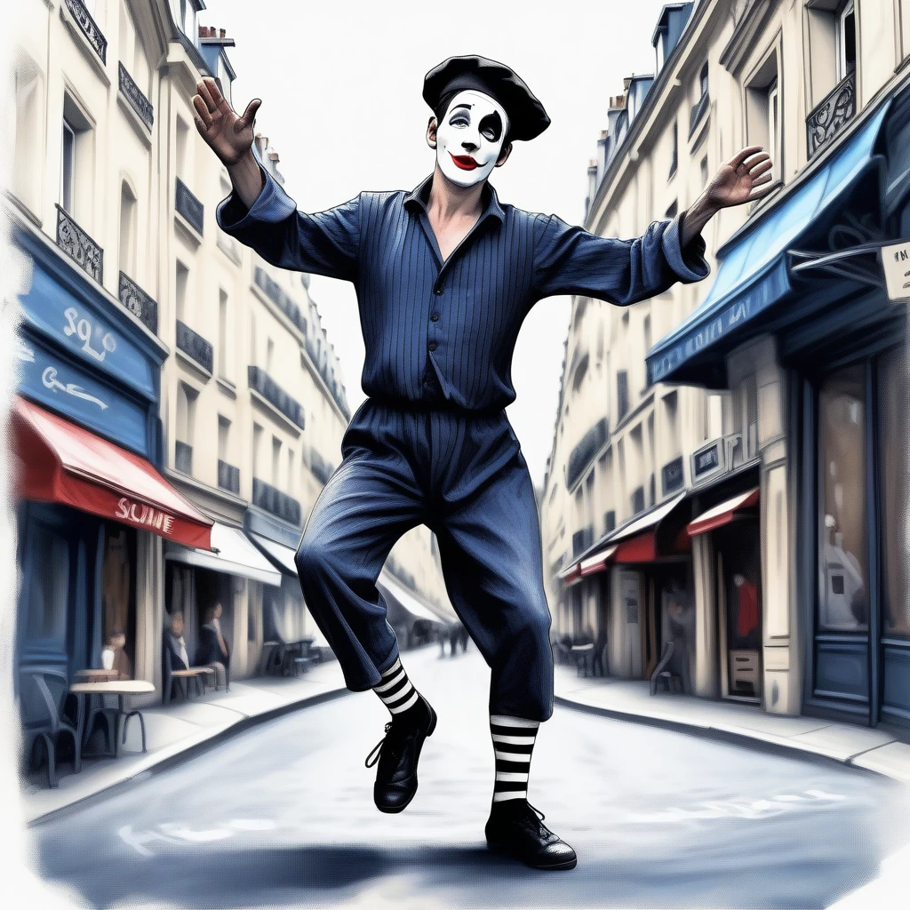 adult tall male mime, shirt grunge, sketchy lines, messy hair, black hair, wearing a beret,,happy, has mime makeup on, wearing a mime outfit, dark blue eyes, performing on the streets of paris, showing full body, on a city street, solo, alone, (SOLO)(ALONE) Dancing, arms out, hands open