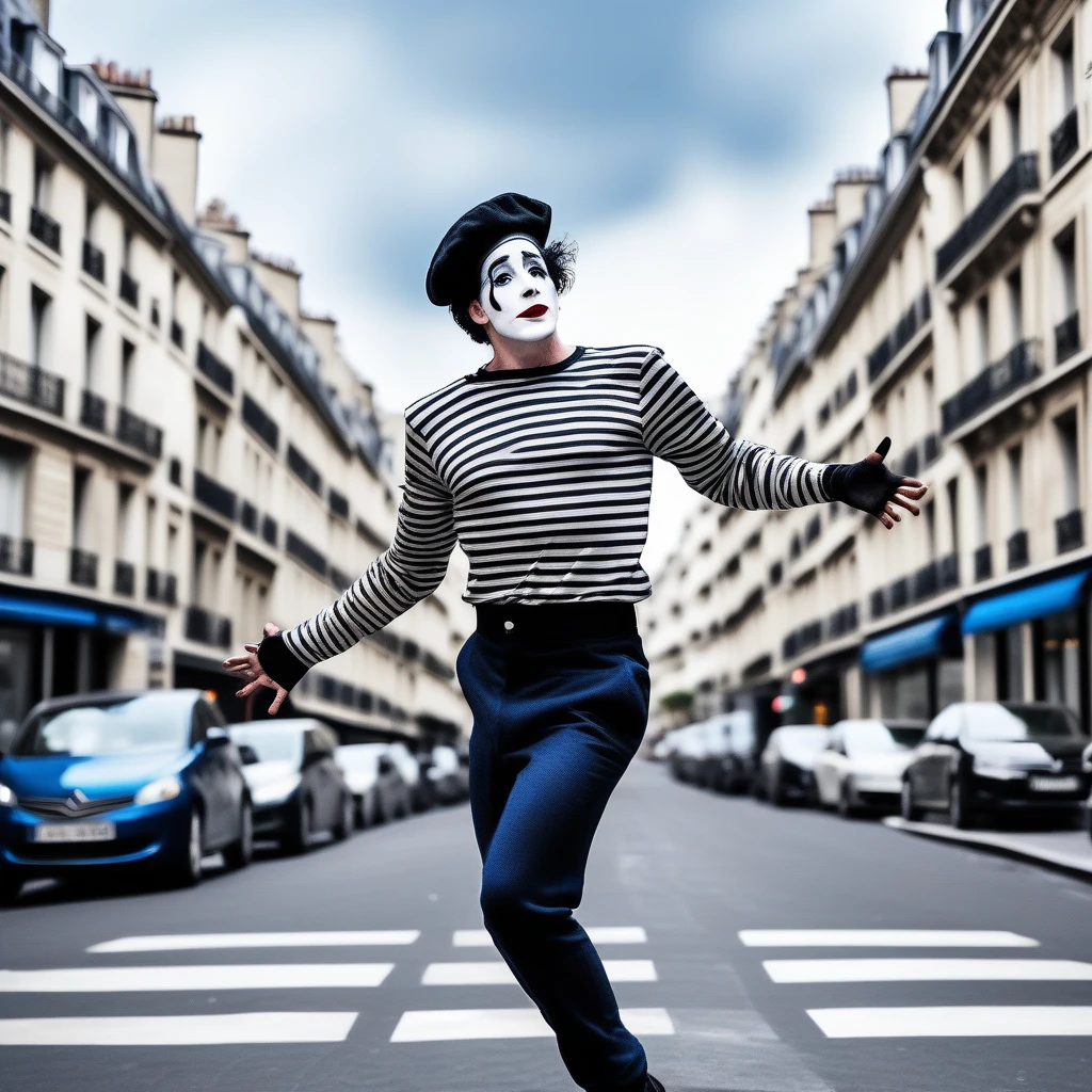  tall male mime, shirt grunge, sketchy lines, messy hair, black hair, wearing a beret,,happy, has mime makeup on, wearing a mime outfit, dark blue eyes, performing on the streets of paris, showing full body, on a city street, solo, alone, (SOLO)(ALONE) Dancing, arms out, hands open