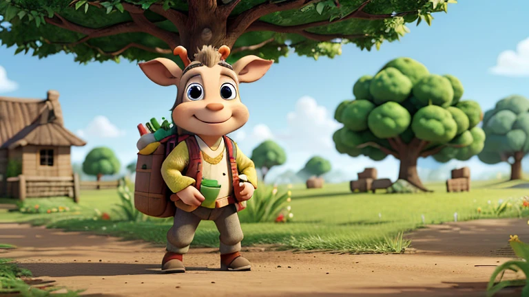 donkey named Bento, with bright eyes and brave expression, carrying bags of flour and vegetables, stands under a tree