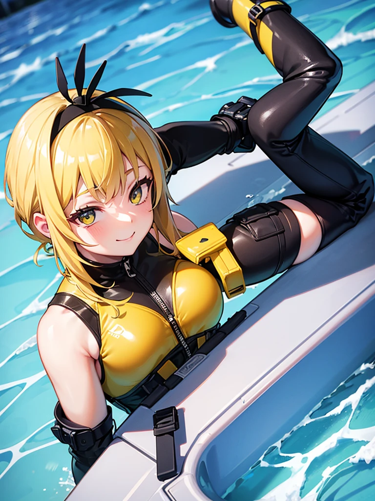 Extreme detail,one girl, summer ,outdoor pool,wetsuit,yellow personal flotation device vest,happy,enjoy,2020 broadcast anime style,