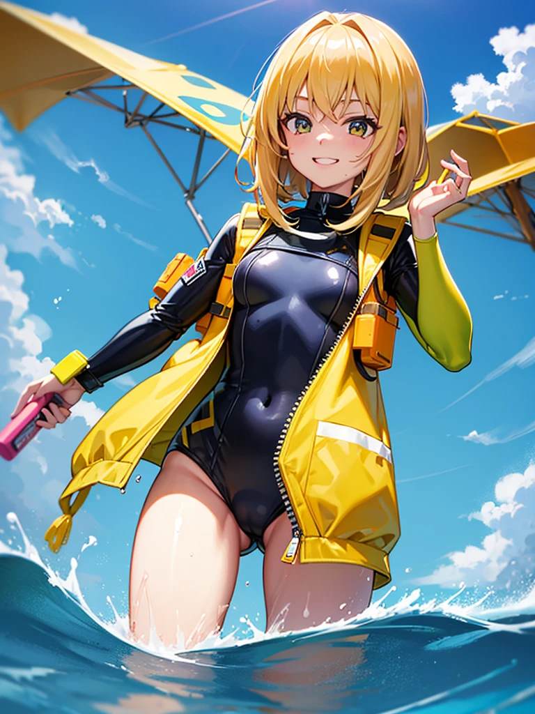 Extreme detail,one girl, summer ,outdoor pool,wetsuit,yellow personal flotation device vest,happy,enjoy,2020 broadcast anime style,