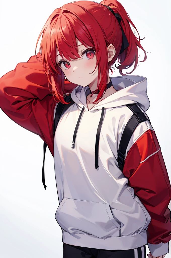 1 person, Red Hair, ponytail, red white odd eye, white hoodie, black pants, white background,