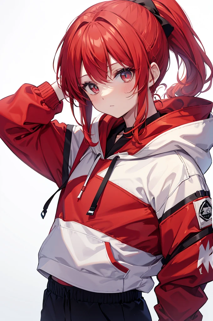 1 person, Red Hair, ponytail, red white odd eye, white hoodie, black pants, white background,
