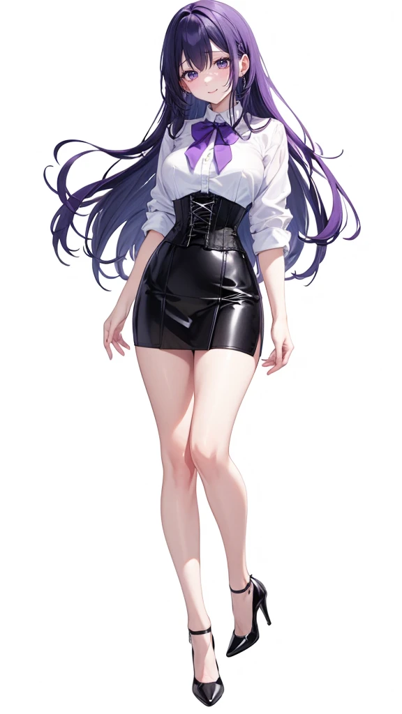 Purple Hair,Long Hair,Adult female,White Y-shirt,((Roll up her sleeves)),(corset),(Black tight skirt),(High heels),((A simple, blank white background)),smile,((full body)),((whole body)),