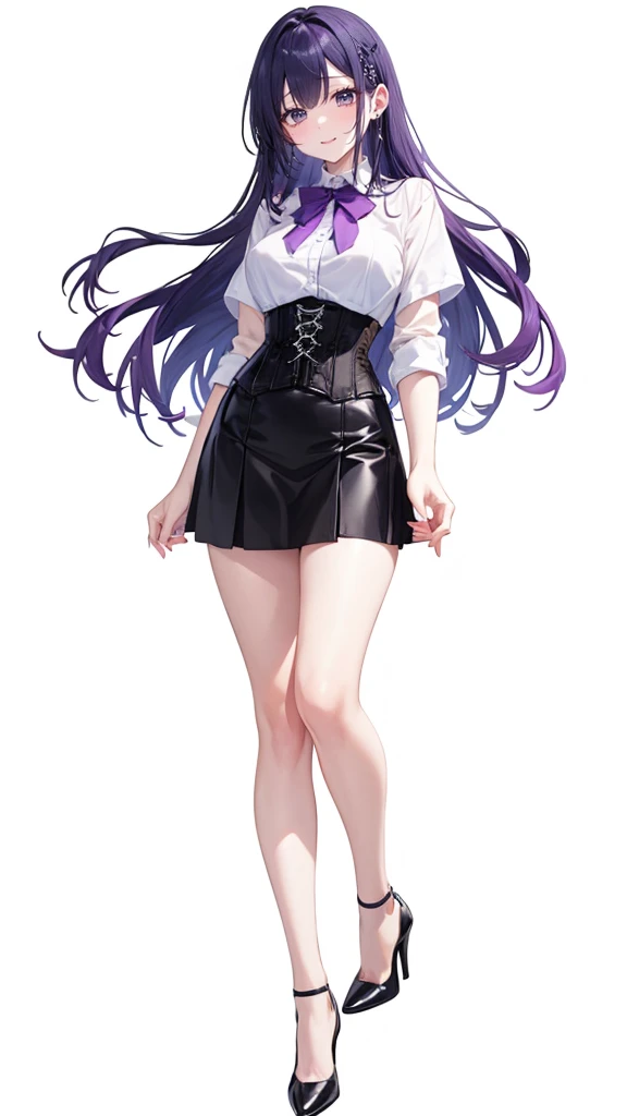 Purple Hair,Long Hair,Adult female,White Y-shirt,((Roll up her sleeves)),(corset),(Black tight skirt),(High heels),((A simple, blank white background)),smile,((full body)),((whole body)),