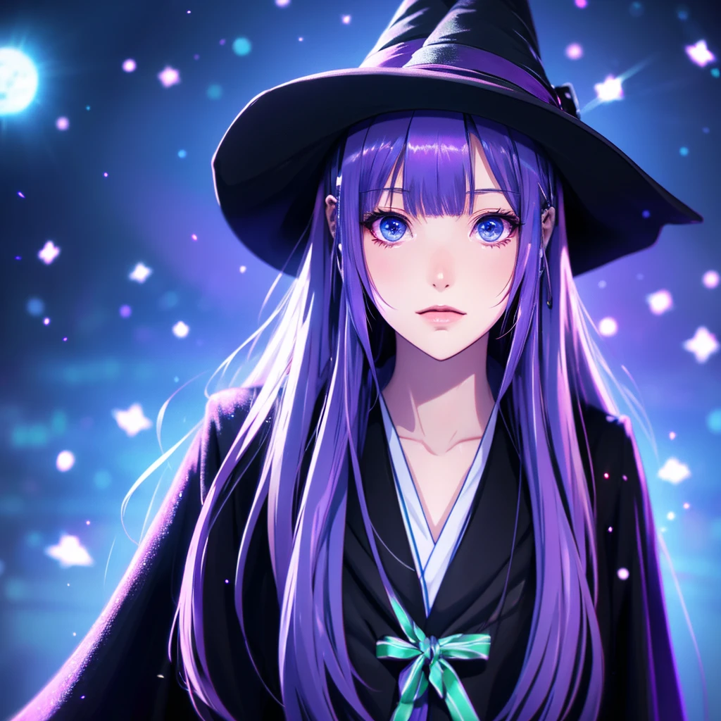 anime girl long purple hair wearing a black Robe. she has pointy ears. Witch Hat. Manga kawaii. iridescent ,An illustration