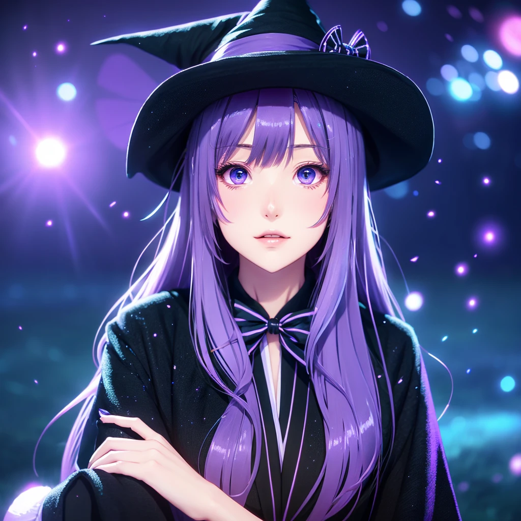 anime girl long purple hair wearing a black Robe. she has pointy ears. Witch Hat. Manga kawaii. iridescent ,An illustration