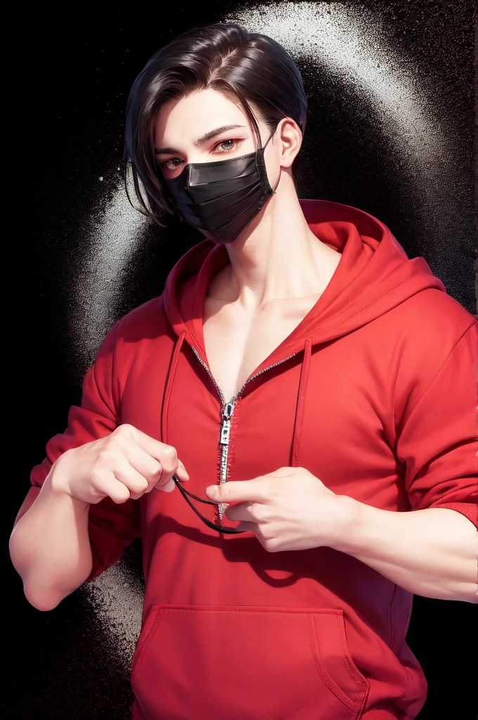A man, wearing mask, red hoodie, Levi Ackerman hairstyle, black hair, high quality masterpiece, black background, big body