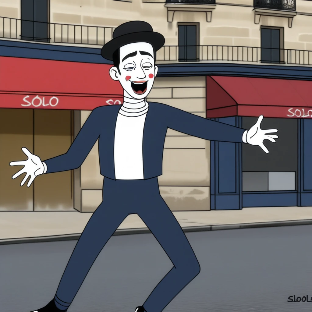 adult tall male mime, shirt grunge, sketchy lines, messy hair, black hair, wearing a beret,,happy, has mime makeup on, wearing a mime outfit, dark blue eyes, performing on the streets of paris, showing full body, on a city street, solo, alone, (SOLO)(ALONE) Dancing, arms out, hands open