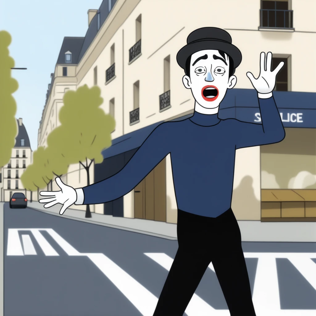 adult tall male mime, shirt grunge, sketchy lines, messy hair, black hair, wearing a beret,,happy, has mime makeup on, wearing a mime outfit, dark blue eyes, performing on the streets of paris, showing full body, on a city street, solo, alone, (SOLO)(ALONE) Dancing, arms out, hands open