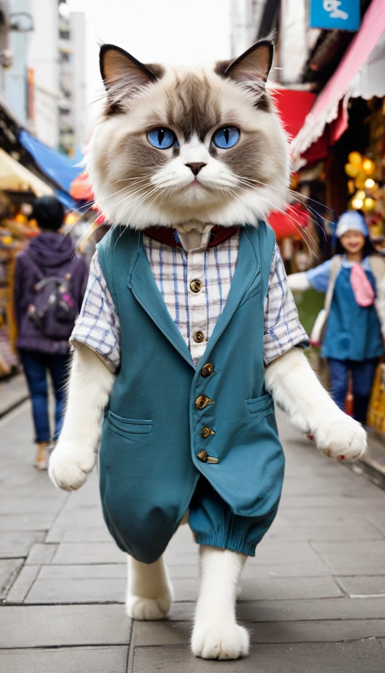 Anthropomorphic cat,Two animal legs,一个穿着衣服的波斯猫和Anthropomorphic cat,Two animal legs,A ragdoll cat wearing clothes walking hand in hand on the street,Many shops and passers-by in the background