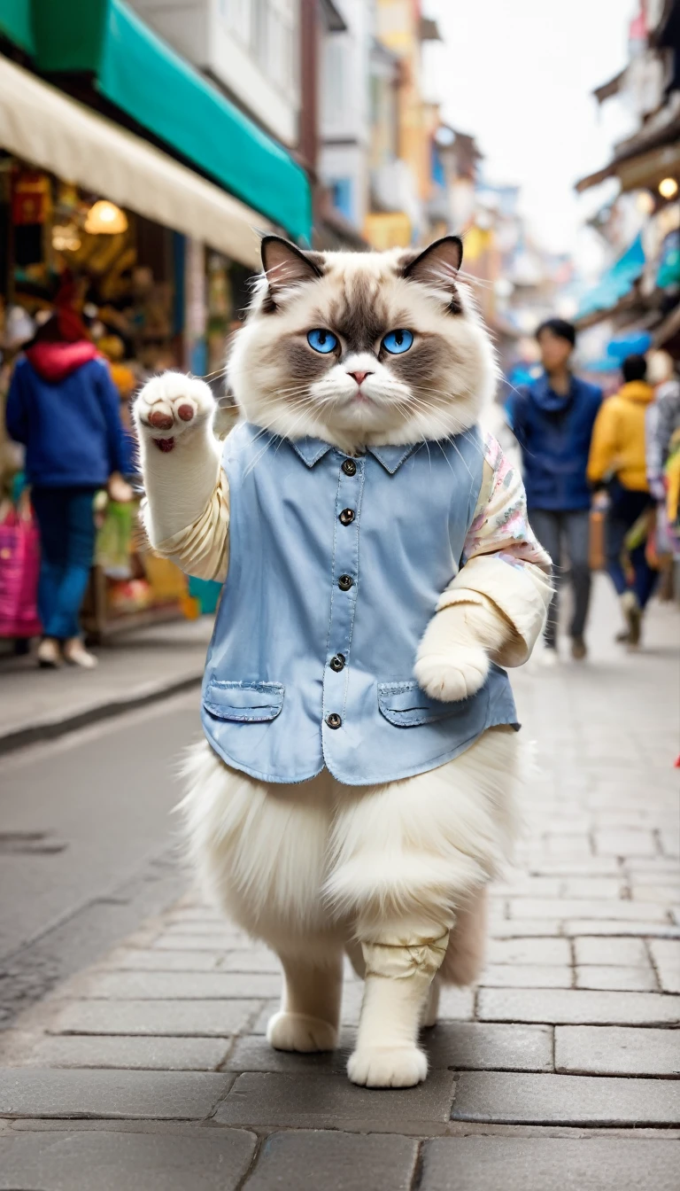 Anthropomorphic cat,Two animal legs,一个穿着衣服的波斯猫和Anthropomorphic cat,Two animal legs,A ragdoll cat wearing clothes walking hand in hand on the street,Many shops and passers-by in the background