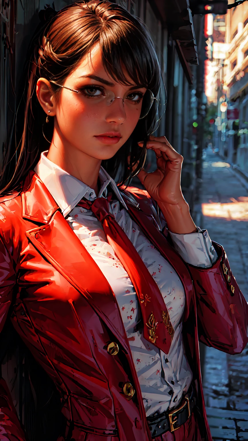 (Masterpiece, Best Quality, Ultra High Resolution)
Fancy woman, with red detailed eyes, in business suit with red tie and white shirt, dark half-rimmed aviator glasses,
The character is half-turned , looking sideways into the distance.