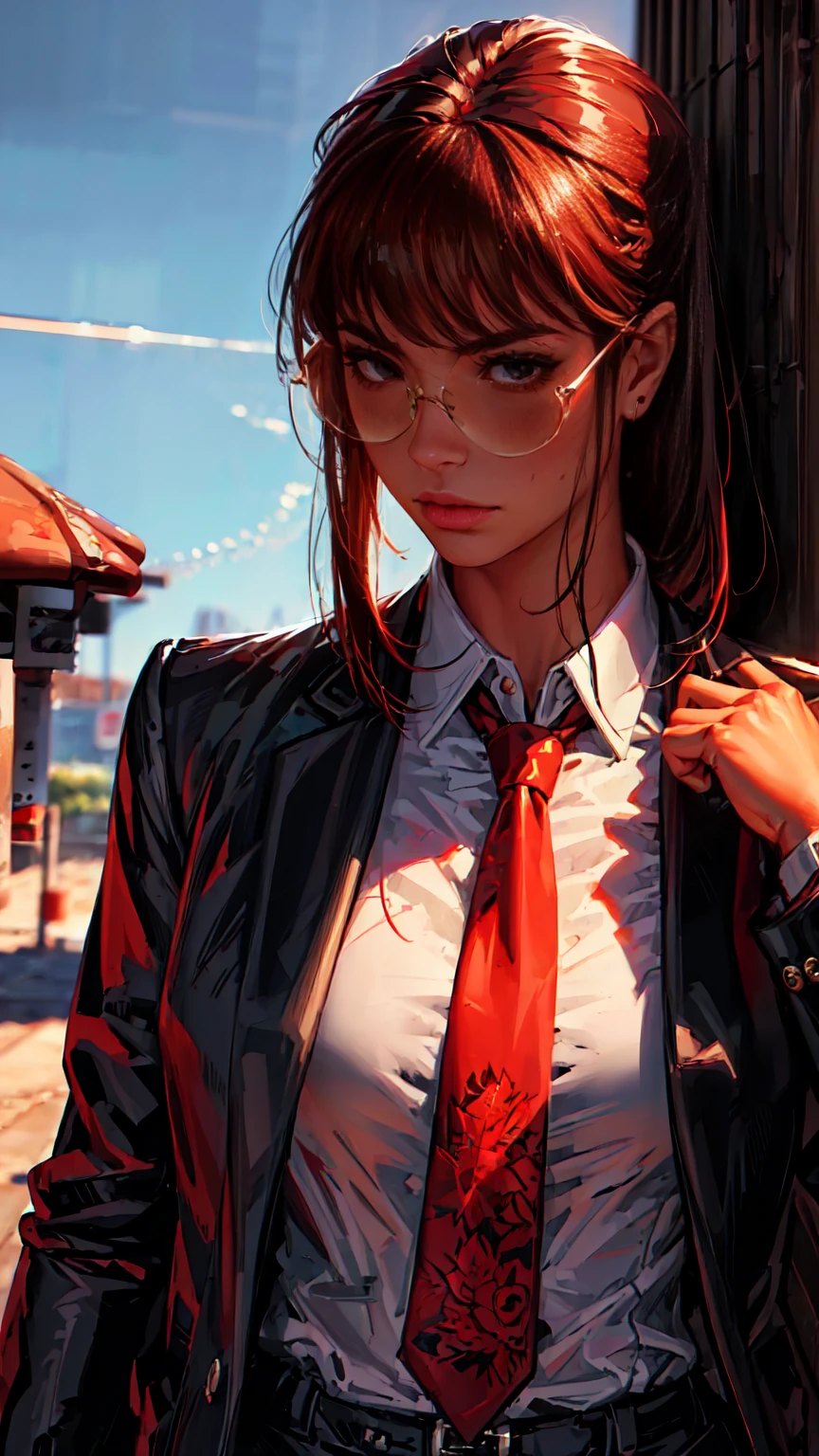 
(Masterpiece, Best Quality, Ultra High Resolution)
 Fancy woman, with red detailed eyes, in business suit with red tie and white shirt, dark half-rimmed aviator glasses, 
 The character is half-turned , looking sideways into the distance.
