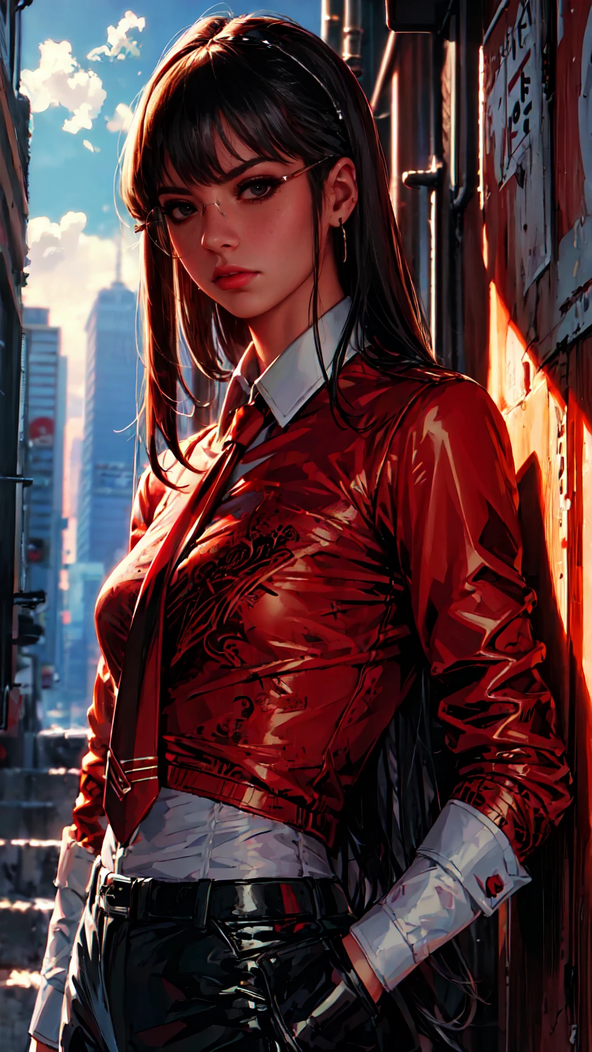 
(Masterpiece, Best Quality, Ultra High Resolution)
 Fancy woman, with red detailed eyes, in business suit with red tie and white shirt, dark half-rimmed aviator glasses, 
 The character is half-turned , looking sideways into the distance.
