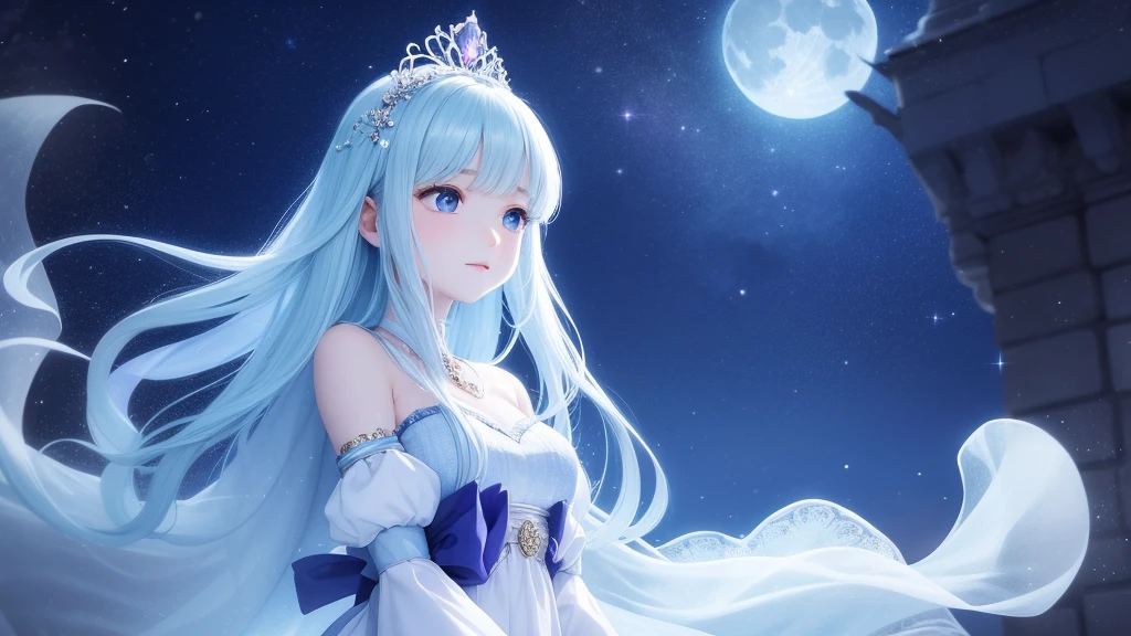 A princess with a delicate and beautiful face, large eyes, and translucent skin is looking up at the moon from a castle, enchantingly dressed in a traditional and glamorous medieval European dress and wearing a large hair ornament. A gentle, warm light surrounds the princess. The background is filled with soft out-of-focus light, and the pale blue and purple tones create a dreamy, serene, and enchanting atmosphere. Fireflies glowing in the moonlit night surround the princess, adding to the magical and ethereal atmosphere. Emphasis on the armpits