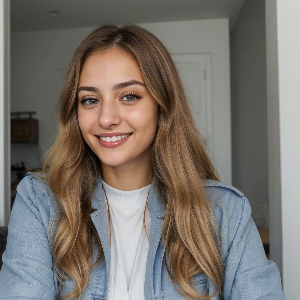 one cute women, 22YO, white, Arab, cute face, realistic brown eyes, blue jacket, blonde/brown hair, cute smile, skinny face, white realistic teethes, big eyes, long hair