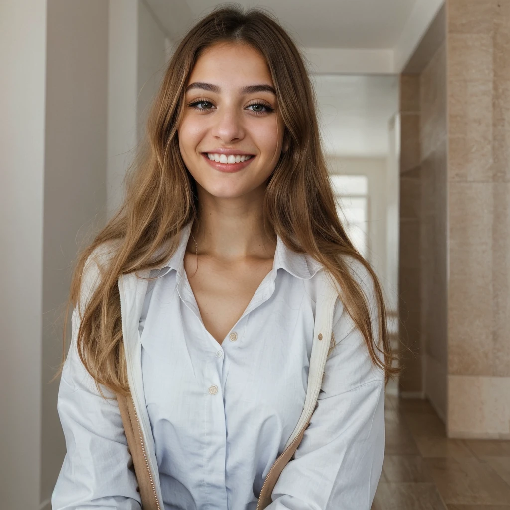 one cute women, 22YO, white, Arab, cute face, realistic brown eyes, blue jacket, blonde/brown hair, cute smile, skinny face, white realistic teethes, big eyes, long hair