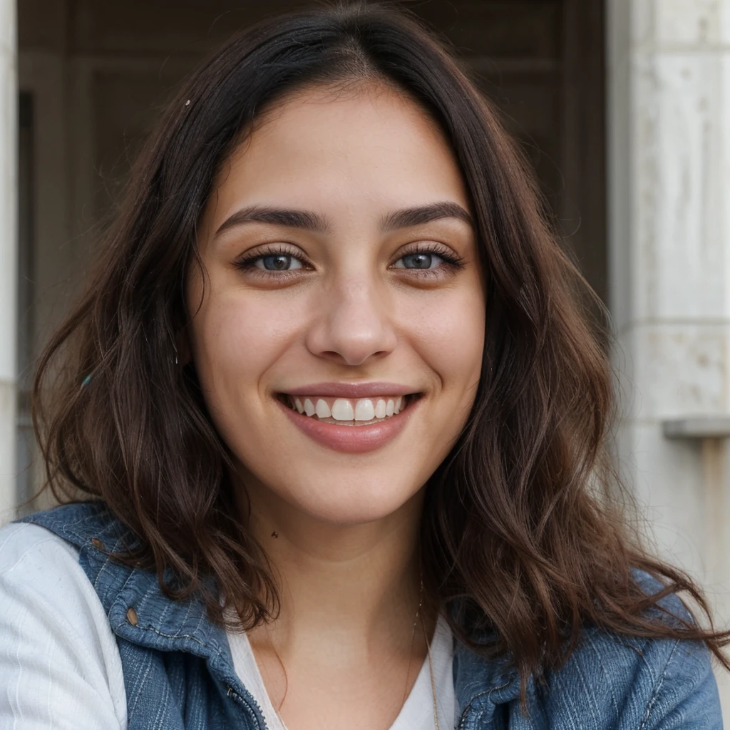 one cute women, 29YO, white, Arab, cute face, realistic brown eyes, blue jacket, black hair, cute smile, skinny face, white realistic teethes, big eyes, short wavy hair