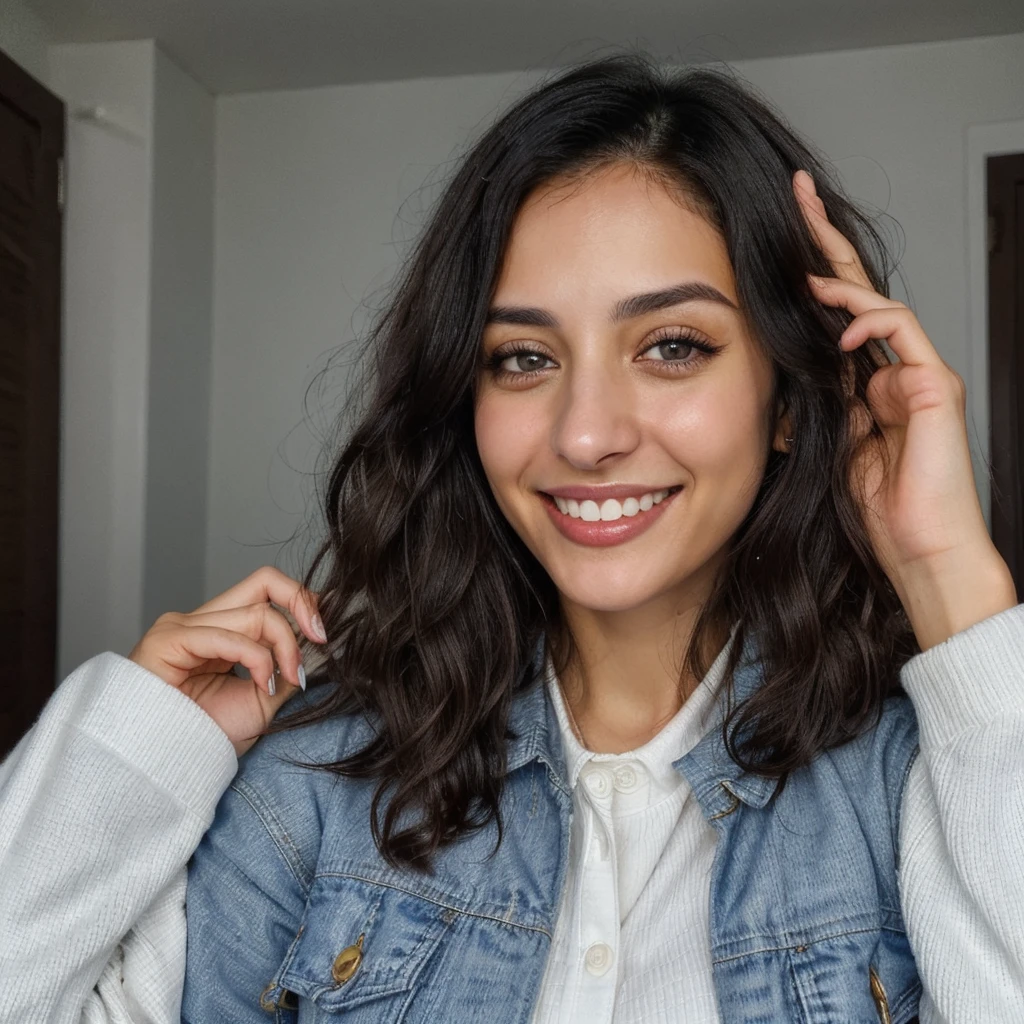 one cute women, 29YO, white, Arab, cute face, realistic brown eyes, blue jacket, black hair, cute smile, skinny face, white realistic teethes, big eyes, short wavy hair