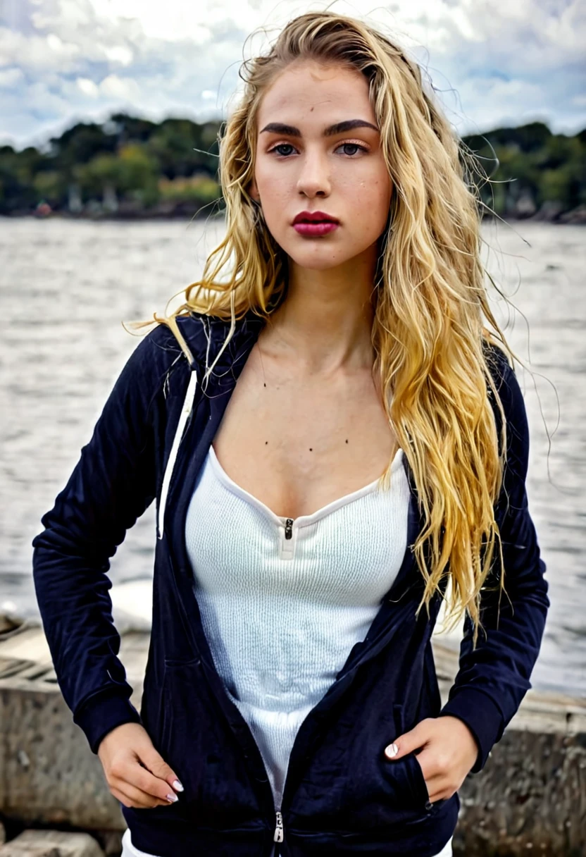 gorgeous young white woman,21 y.o, sweet face,yellow eyes,downturned eyes,heart shaped lips,straight eyebrows,raised nose,round face,((long shot)) Blonde influencer with natural wavy long hair,Kombiniere klassische Streetwear-Elemente wie Sneaker, Hoodies or jeans with high-quality accessories such as a designer handbag or a luxury watch, um einen modernen und dennoch edlen Look zu kreieren, extravagant , 8k, extremely detailed, Fotorealistisch, komplizierte Details, realistische Hauttextur, realistische Haare, Textur, Cheerful, 8k uhd, Best quality, high resolution, Detailgenauigkeit, very big breasts, long shot, weitwinkel, Ukrainian Woman by the Sea , Dynamic Prompts for Dress Type ,Hair color and Dress Color