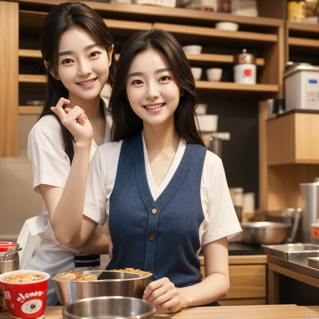 Realistic photos (1 cute Korean actress), Vest, At a ramen shop, Smile, Canon EOS, Clear facial features, closeup portrait, movie mode, 8K