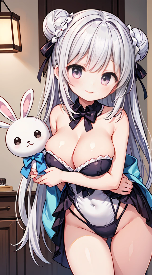 (masterpiece, top quality, best quality, official art, beautiful and aesthetic:1.2),ultra-detailed,intricate details,amazing illustration,award-winning art,atmospheric,
BREAK, 1 beautiful girl, (s old girl), Very detailed, colourfull, highest details,
BREAK , 1girl in, (Cute:1.5),(Cool:0.8), (Beauty:1.5),(Chibi:0.5), (17 yearirl), (girl, Older sister, Unclear, Beautiful face of Japan:1.2) BREAK, (A detailed eye,Tsuriformes:1.2),(Silver hair,Long hair in a bun,Deco:1.8),(huge breasts:1.35),star eye silhouette, (long eyelashes, Double eyelids:1.2), cleavage, ,Swaying udder, Clear skin, Beautiful skin, Shy, Erect ,Clear skin, Beautiful skin, Shy, gleaming skin,(best quality face),(Top quality glowing eyes),(The best smile,Doya face:1.45), BREAK,arms below breasts,
BREAK, girl, Cute, Cheerful, Loli face, A dhaired、a short bob,tareme, gleaming skin, Hugging a stuffed rabbit, Playboy Bunny, shiny school swimsuit, High socks with pink and yellow stripes,Pink Bunny Years Hair Band, Eating carrots and lying on the couch, Open legs wide ,Awaken,looks sleepy (Toy store background, Lots of stuffed animals,cuckoo clock:1.2), BREAK,wakame,wakame,wakame,(Cowboy Shot,raise up leg:1.4),
BREAK,(Blurry background:1.3),(absurderes, hight resolution, Super Detail Art),cel shading,Clear Color, optical effect, Beautiful pictures, Bright glow, mystic atmosphere,(Close-up of girl:1.1), Mystical light particle effect,manga influence, clean line drawings,