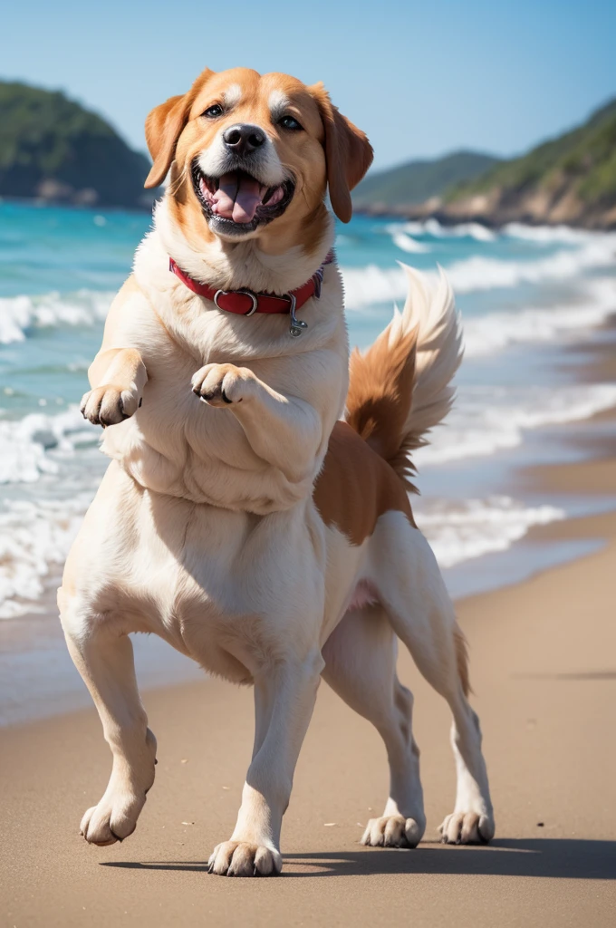 Na praia, a dog dancing and a chicken smiling