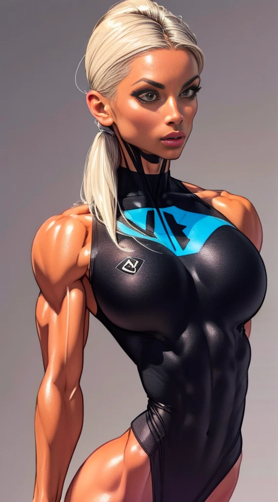 Drawing of katopunk female fitness model, toned body, feminine, huge upper body, torso shot, wide shoulders, veins, beautiful face, full lips, slim face, high cheekbones,(best quality, highres, ultra-detailed, realistic), muscular arms, defined abs, confident expression, silver gray light bodysuit, intense gaze, vibrant colors, dynamic lighting, mixed media artwork, blank background