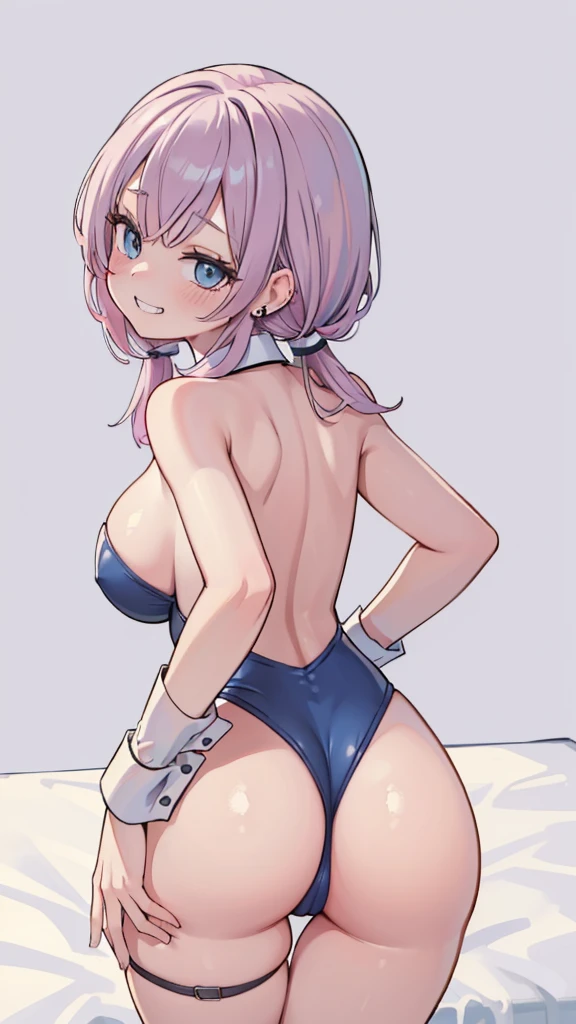 (masterpiece、highest quality、Super detailed)、((One girl))、())Pink Hair))、((Twin tails))、((Light blue eyes))、evil smile、((Grin))、Earrings、((Very large breasts))、((playboy bunny))、((Spread your ass:1.2))、((bent over))、turn around、Shoot from behind、Cowboy Shot、Bedroom Background