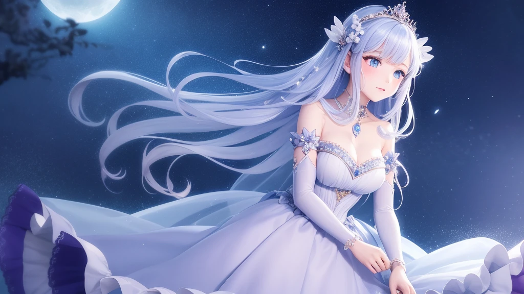 A princess with a delicate and beautiful face, large eyes, and translucent skin is looking up at the moon from a castle, enchantingly dressed in a traditional and glamorous medieval European dress and wearing a large hair ornament. A gentle, warm light surrounds the princess. The background is filled with soft out-of-focus light, and the pale blue and purple tones create a dreamy, serene, and enchanting atmosphere. Fireflies glowing in the moonlit night surround the princess, adding to the magical and ethereal atmosphere. Emphasis on the armpits