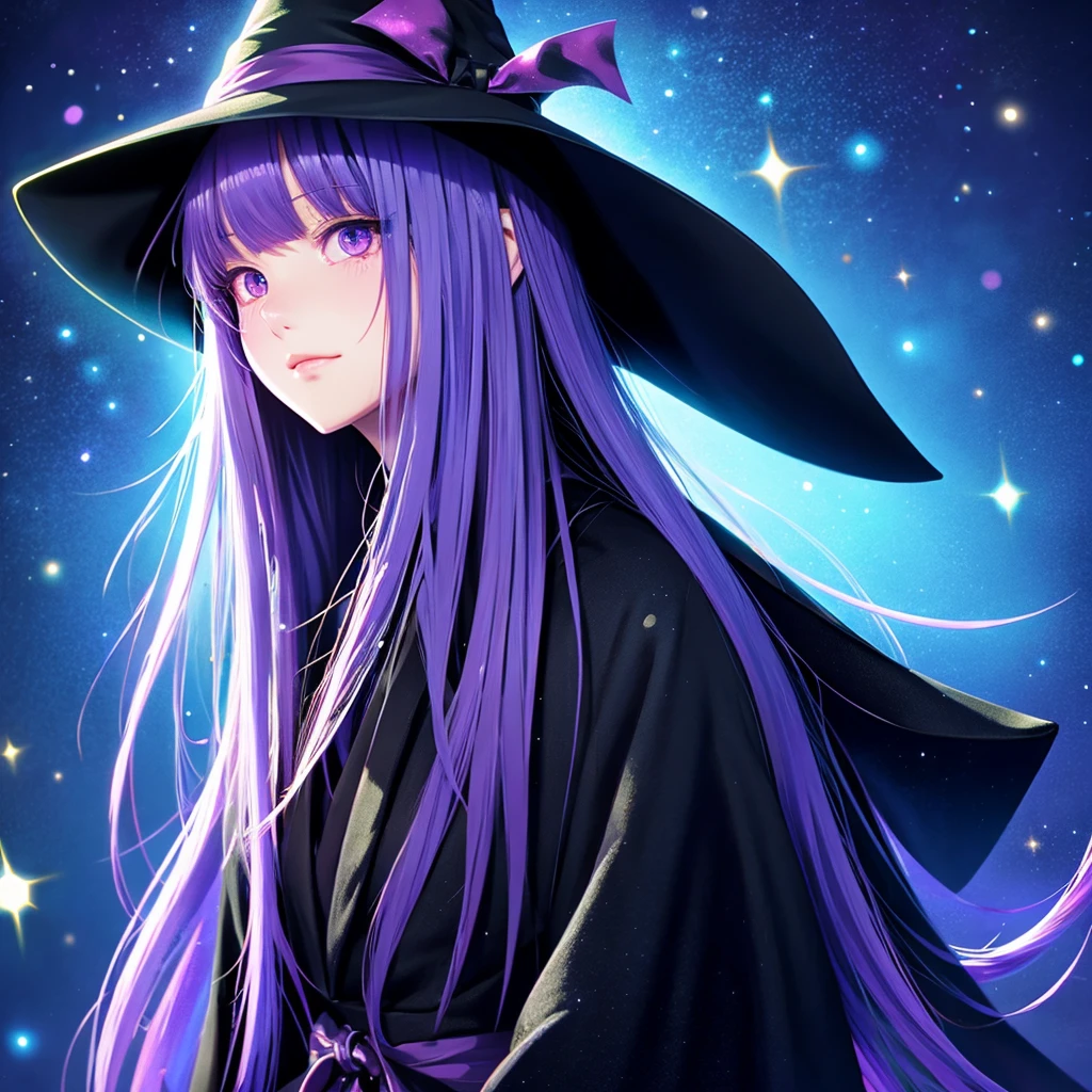 anime girl long purple hair wearing a black Robe. she has pointy ears. Witch Hat. Manga kawaii. iridescent ,An illustration