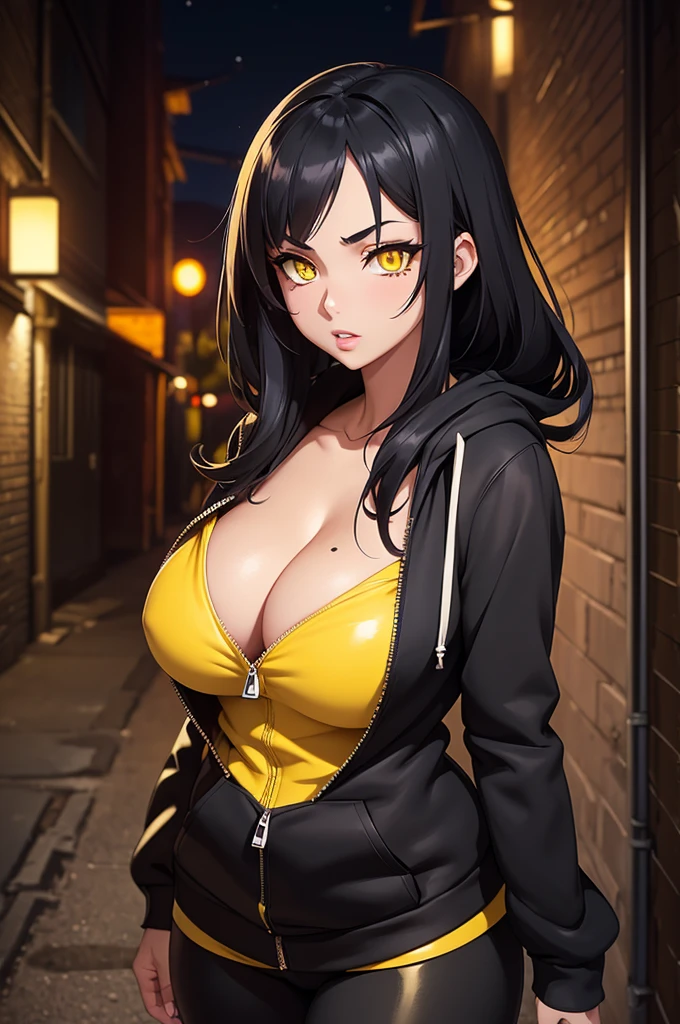 anime style, ((alleyway nighttime)), 1 woman, black hair, ((detailed yellow eyes)), luscious lips, (((detailed face))), large (round) breasts, she is wearing a ((black zipper hoodie with nothing underneath)), black leggings, (cleavage).