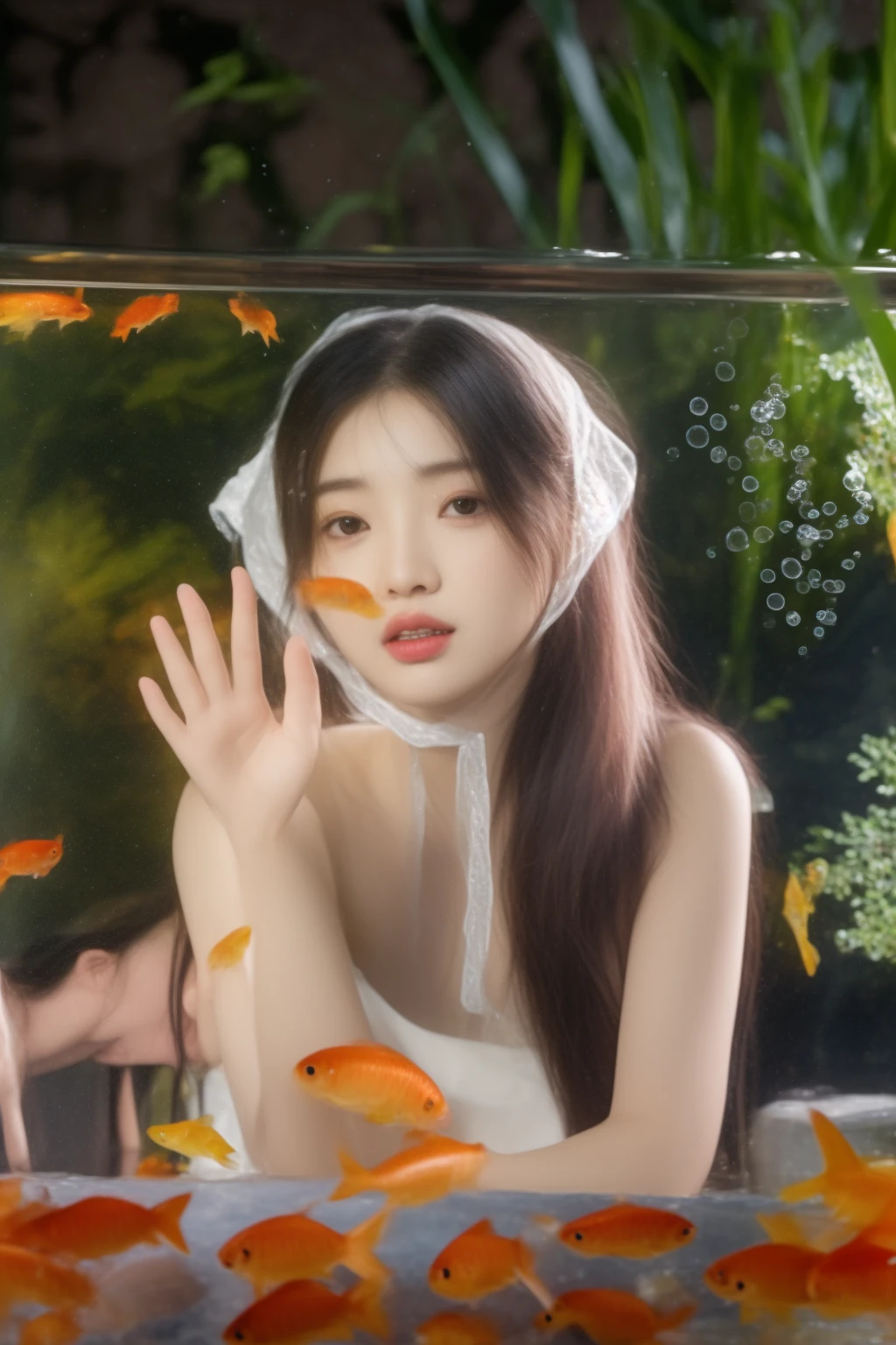 there is a woman that is looking at a fish in a tank, bae suzy, kotegawa yui, jingna zhang, portrait of female korean idol, jaeyeon nam, yan, shikamimi, wenfei ye, sha xi, lu ji, xintong chen, lei min, jinyoung shin, chengyou liu, heonhwa choe