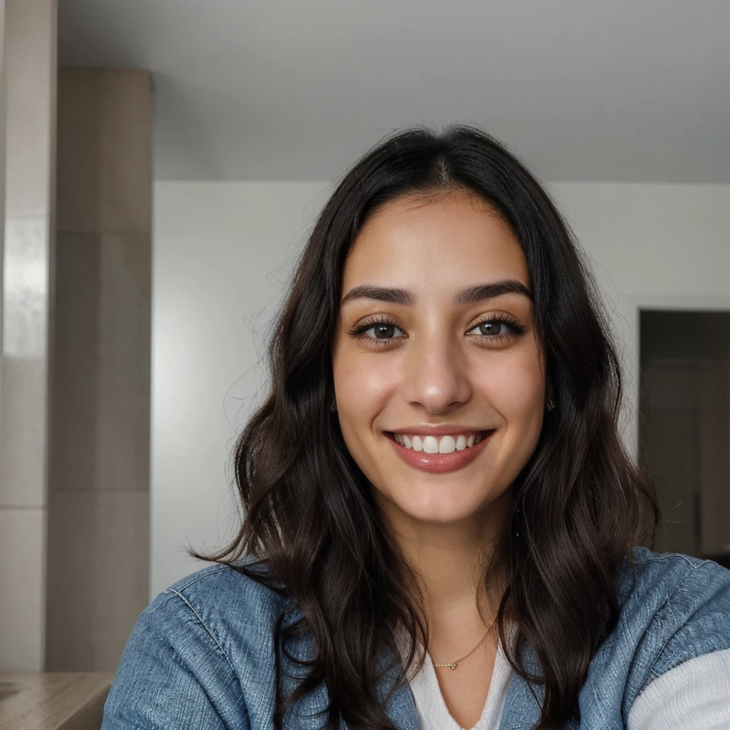 one cute women, 29YO, white, Arab, cute face, realistic brown eyes, blue jacket, black hair, cute smile, skinny face, white realistic teethes, big eyes, short wavy hair