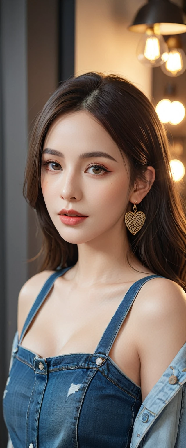 A beautiful woman with long brown hair, pretty eyes, eyes makeup, small earrings, wearing a cropped shirt, low rise jeans, and a black mask, big Breasts, posing in night town, professional photography studio team, professional fashion model, (super shallow depth of field:1.4), magazine cover photo, (best quality, 8k, highres, masterpiece:1.2), ultra-detailed, (realistic, photorealistic, photo-realistic:1.37), UHD, studio lighting, ultra-fine painting, sharp focus, physically-based rendering, Octane Render, extreme detail description, professional, vivid colors, heart, bokeh, fashion,