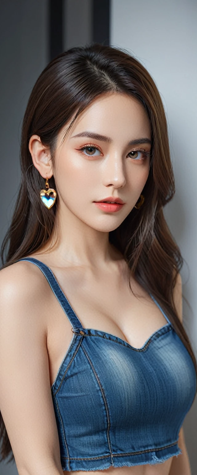 A beautiful woman with long brown hair, pretty eyes, eyes makeup, small earrings, wearing a cropped shirt, low rise jeans, and a black mask, big Breasts, posing in night town, professional photography studio team, professional fashion model, (super shallow depth of field:1.4), magazine cover photo, (best quality, 8k, highres, masterpiece:1.2), ultra-detailed, (realistic, photorealistic, photo-realistic:1.37), UHD, studio lighting, ultra-fine painting, sharp focus, physically-based rendering, Octane Render, extreme detail description, professional, vivid colors, heart, bokeh, fashion,