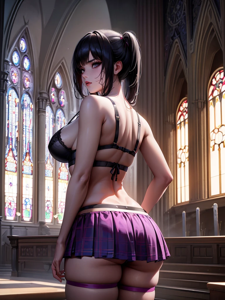 1girl wearing Scottish mini skirt, stockings and garter belt,nipples visible through bra,slim body,purple ultra detailed eyes,black hair,extremely detailed face,perfect facial symmetry,perfect body,in a church,side view from rear,looking at viewer,concept art,digital painting,cinematic lighting,dramatic shadows,vibrant colors,intricate details,hyperrealistic,(best quality,4k,8k,highres,masterpiece:1.2),ultra-detailed,(realistic,photorealistic,photo-realistic:1.37)