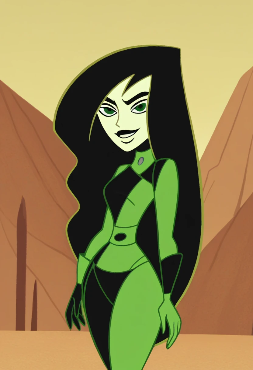 shego, 1girl, solo, long hair, black lips, black hair, green eyes, black bikini, {{{{{{{Big Hips}}}}}}}, {{{{{{{Fat Hips}}}}}}}}, {{{{{{{Bottom Heavy}}}}}}},smile, very long hair,, score_9, score_8_up, score_7_up, score_6_up, score_5_up, score_4_up, looking at viewer,