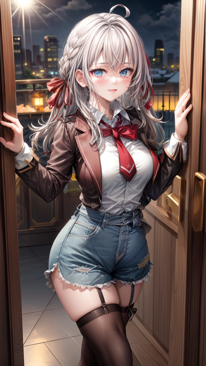 Alisa Kujou,
(evening:1.7), 1 girl standing at attention, ,hembra joven,hermoso Finger, hermoso long legs ,hermoso body ,hermoso Nose ,hermoso character design, ojos perfectos, perfect rostro,
There is an anime girl in shorts walking through an open door., 1 chica, muslos, solo, (falda muy corta:1.4), blue eyes, senos, chaqueta, camisa school, medias largas , falda , white camisa, arco, mano en la cadera, rubor, black muslos, arcotie, adentro, calzado marron, zettai ryouiki, mocasines, zapatos, large senos, cuerpo completo, mirando al espectador, boca abierta, thighs,
mirando al espectador, sonrisa, saludando al espectador, en el centro de la imagen, Fondo de pantalla CG unity 8k extremadamente detallado, Perfect lighting,vistoso, Brillante_frente_rostro_Lightinasterpiece:1.0),(mejor_calidad:1.0), ultra high resolution,4k,ultra detallado,
Photography, 8k, hdr, high resolution, absurdos:1.2, codas portra 400, film grain, fondo borroso, bokeh:1.2, Destello de lente, (vibrante_color:1.2)
, (hermoso_rostro:1.5),(angosto_cintura), (hermoso,Enorme_senos:1.3)