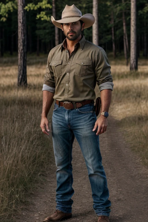 man,hero,32 years old,Wear a hunting shirt,Wearing a cowboy hat.,full body view, Special handsome face, short beard, black hair ((tan skin)), ((pearl skin)), (((full body))), Olsen01, perfect male face, complicated, 8k, Highly detailed, (Very detailed CG unity 8k wallpaper.), square jaw, (anatomy details),(((full body))
