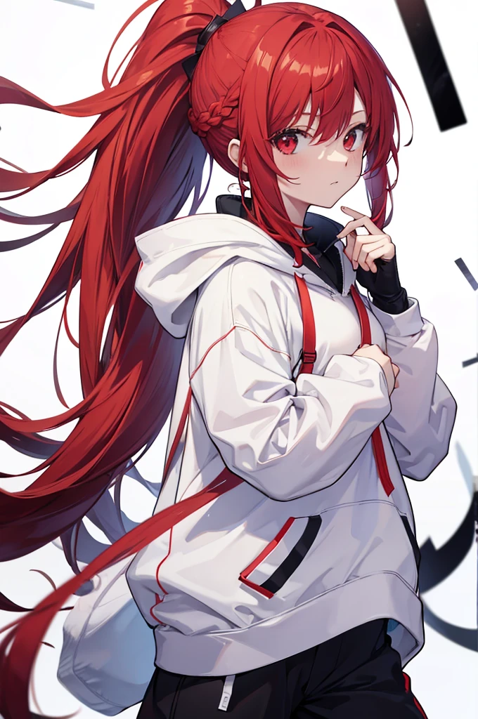 1 person, Red Hair, ponytail, red eyes, white hoodie, black pants, white background,