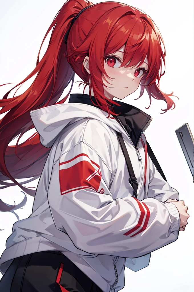 1 person, Red Hair, ponytail, red eyes, white hoodie, black pants, white background,